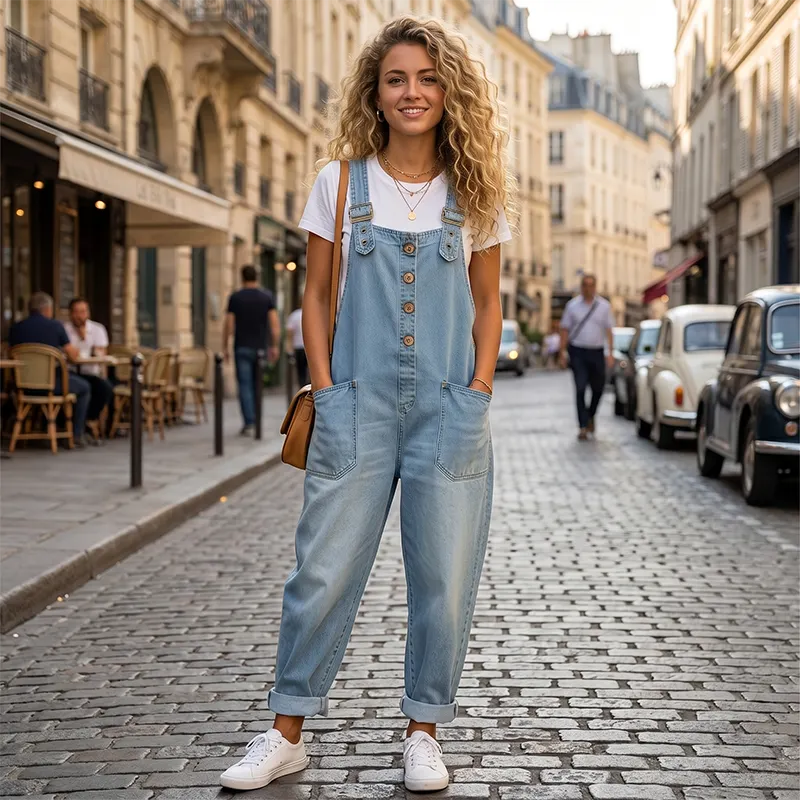 Women's Relaxed Denim Overalls with Pockets DAYLIGHT GRACE