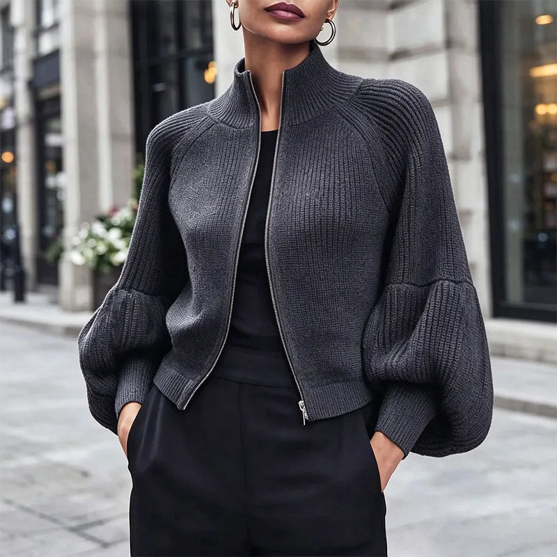 Women's Lantern Sleeve Zip-Up Knit Sweater DAYLIGHT GRACE