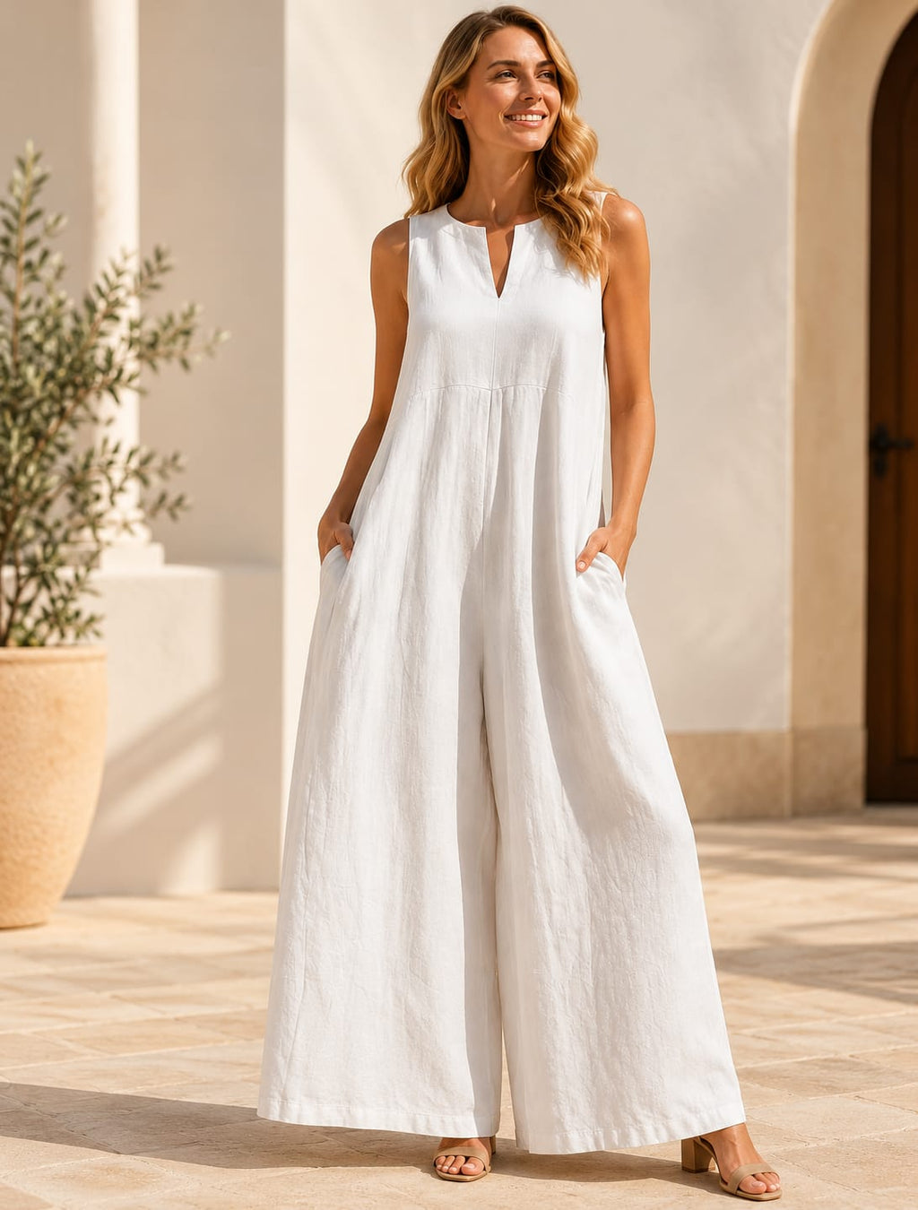 Women's Sleeveless V-Neck Wide-Leg Jumpsuit with Pockets DAYLIGHT GRACE