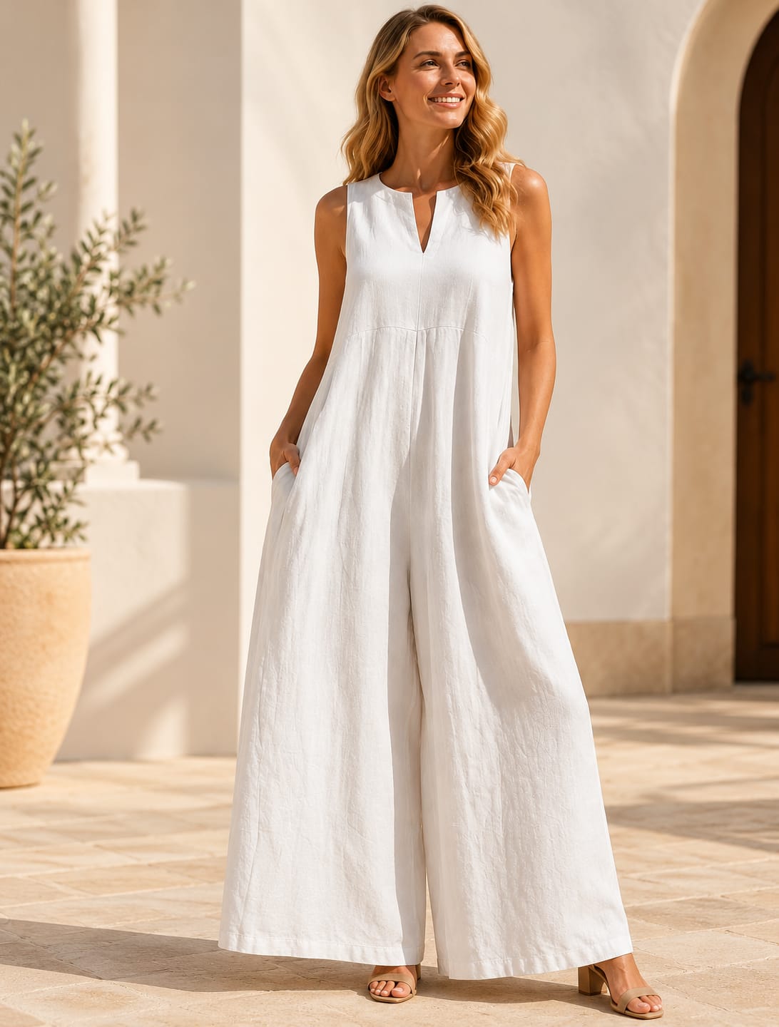 Women's Sleeveless V-Neck Wide-Leg Jumpsuit with Pockets DAYLIGHT GRACE