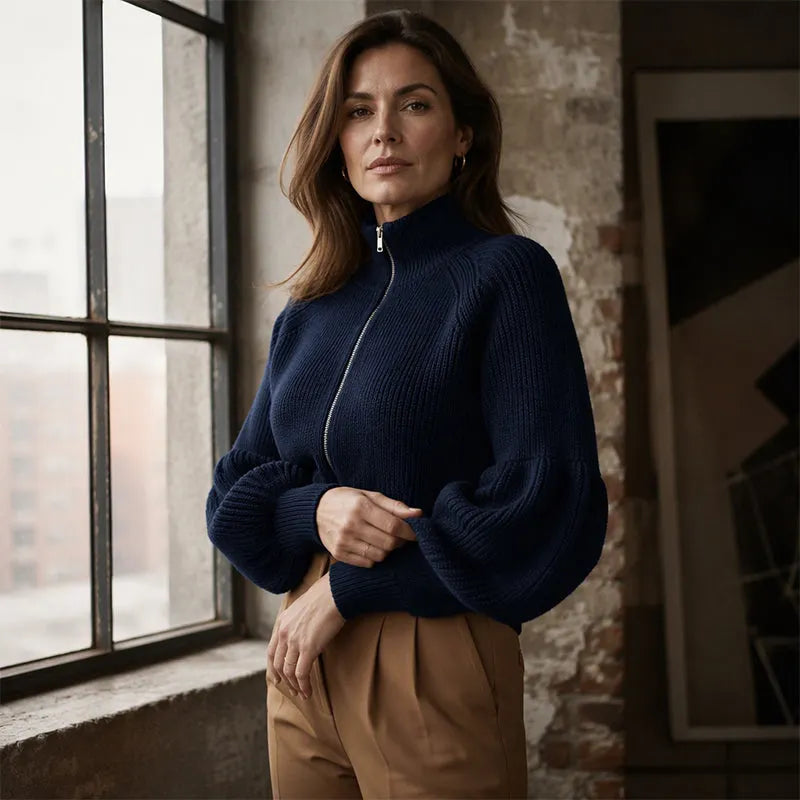 Women's Lantern Sleeve Zip-Up Knit Sweater DAYLIGHT GRACE