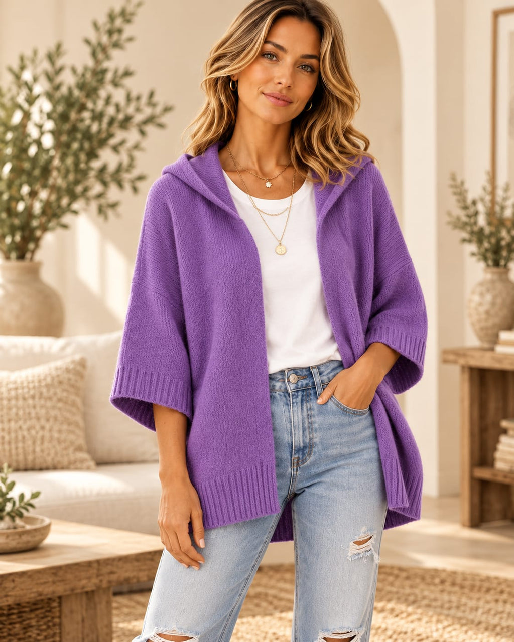 Women's 3/4 Sleeve Hooded Knit Cardigan DAYLIGHT GRACE