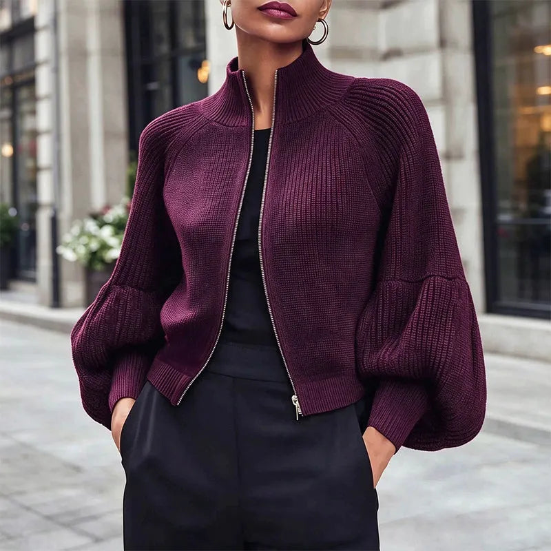Women's Lantern Sleeve Zip-Up Knit Sweater DAYLIGHT GRACE