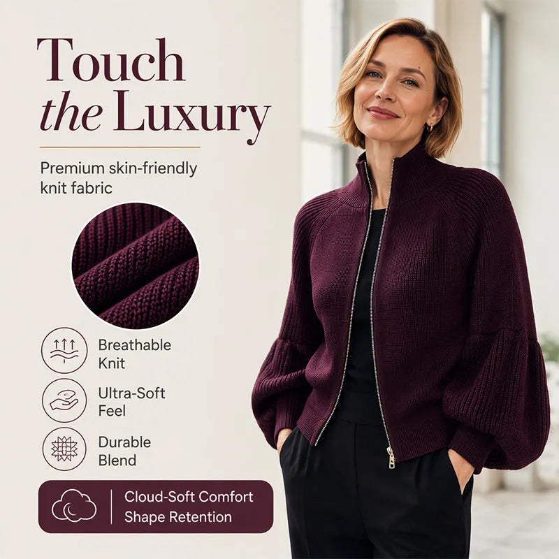 Women's Lantern Sleeve Zip-Up Knit Sweater DAYLIGHT GRACE