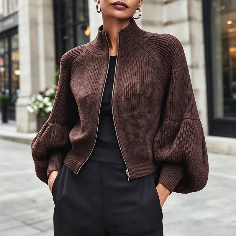 Women's Lantern Sleeve Zip-Up Knit Sweater DAYLIGHT GRACE