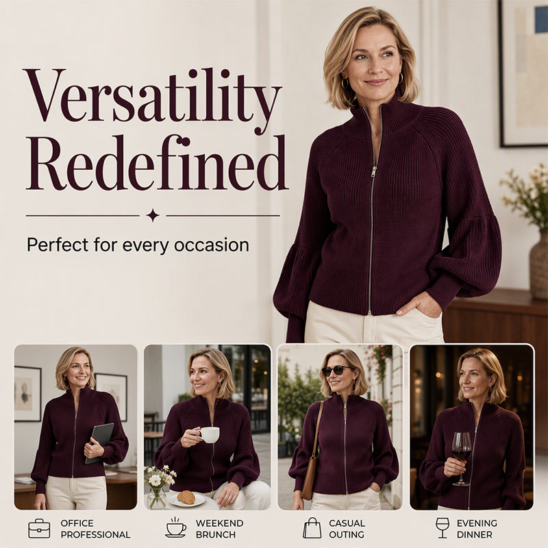 Women's Lantern Sleeve Zip-Up Knit Sweater DAYLIGHT GRACE