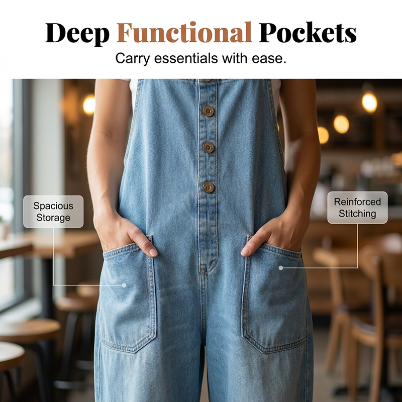 Women's Relaxed Denim Overalls with Pockets DAYLIGHT GRACE
