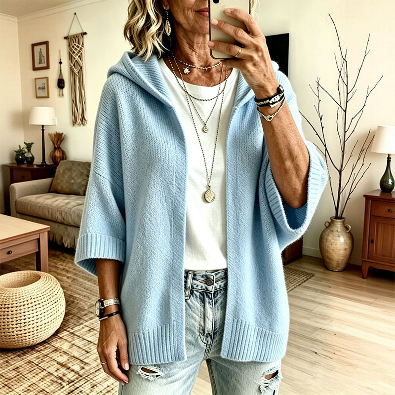 Women's 3/4 Sleeve Hooded Knit Cardigan mysite