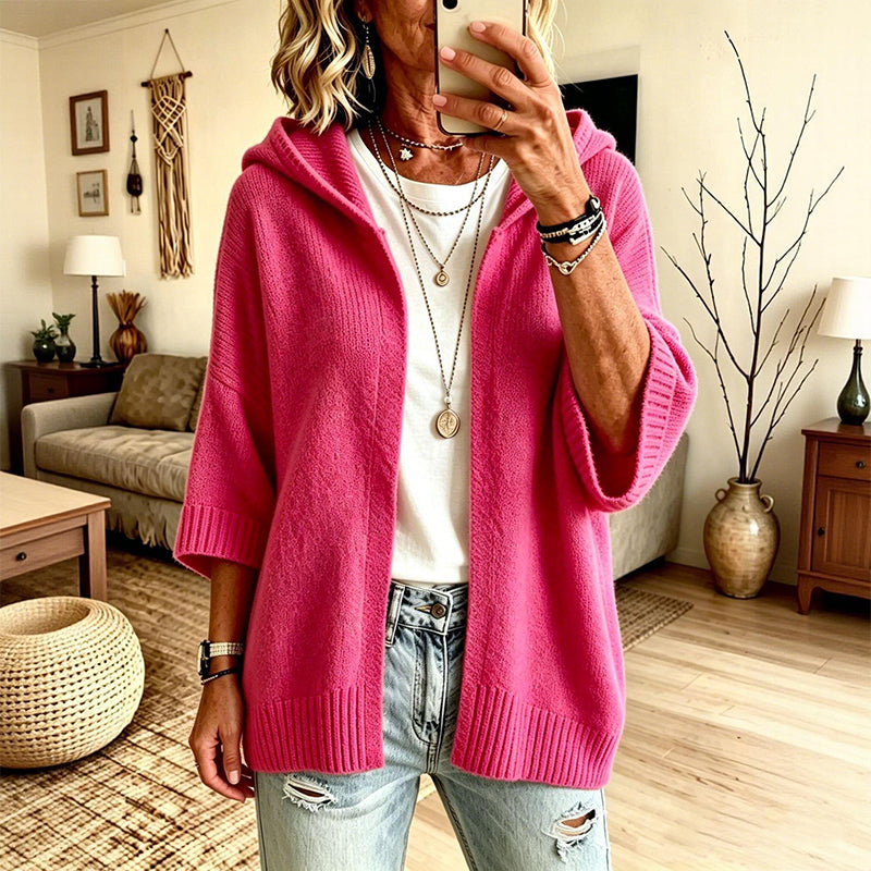 Women's 3/4 Sleeve Hooded Knit Cardigan mysite